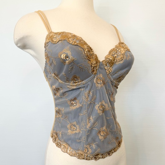 90s Victoria’s Secret Gold Embroidered Blue Gray Vintage Corset Bustier Top 36C🔥 - Picture 2 of 11